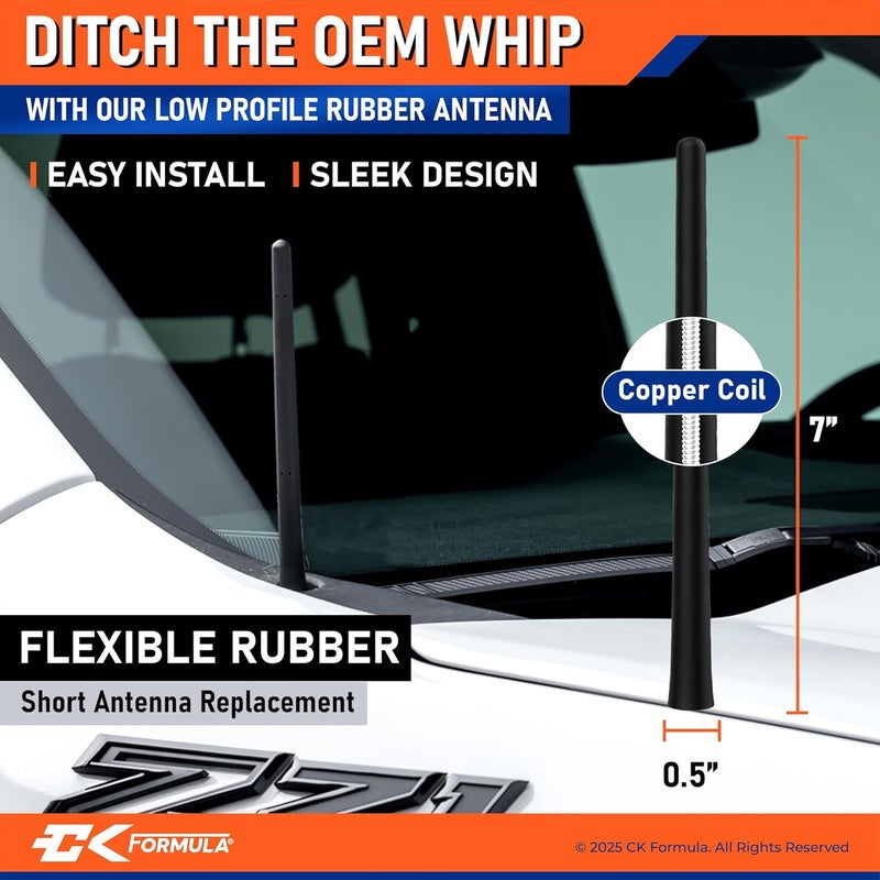 CK FORMULA 7-Inch Flexible Rubber Truck Antenna for Chevy Silverado 1500 & GMC Sierra (1999–2025), Durable All-Weather Build with Copper Coil, Car Wash Safe, Short Replacement Antenna, Truck Accessories - Image 3